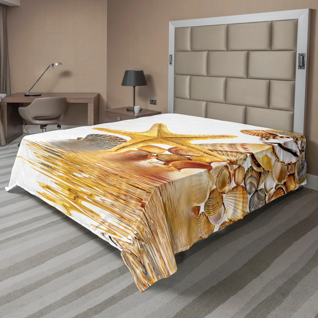 Drap Plat Facile à Border anti-plis imprimé Mer et Coquillages Crème