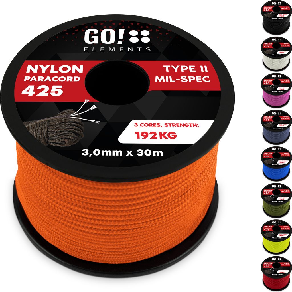 GO!elements 30m Paracord Seil aus reißfestem Nylon - 3mm Paracord 425 Typ II max. 192kg - Schnüre als Outdoor Seil, Allzweckseil, Survival Seil, ...