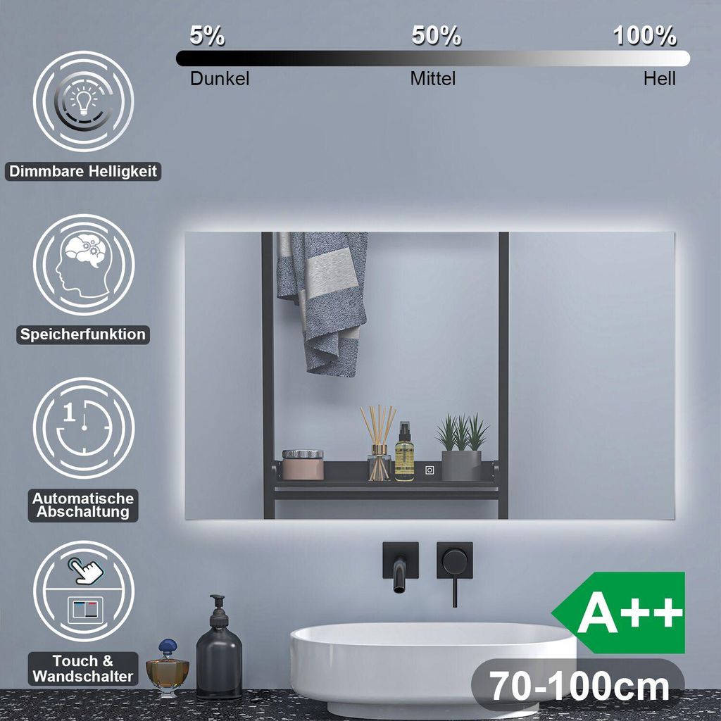 LED Badspiegel 100×60cm Kaltweiß dimmbar Memory eine Stunde Produktbild 