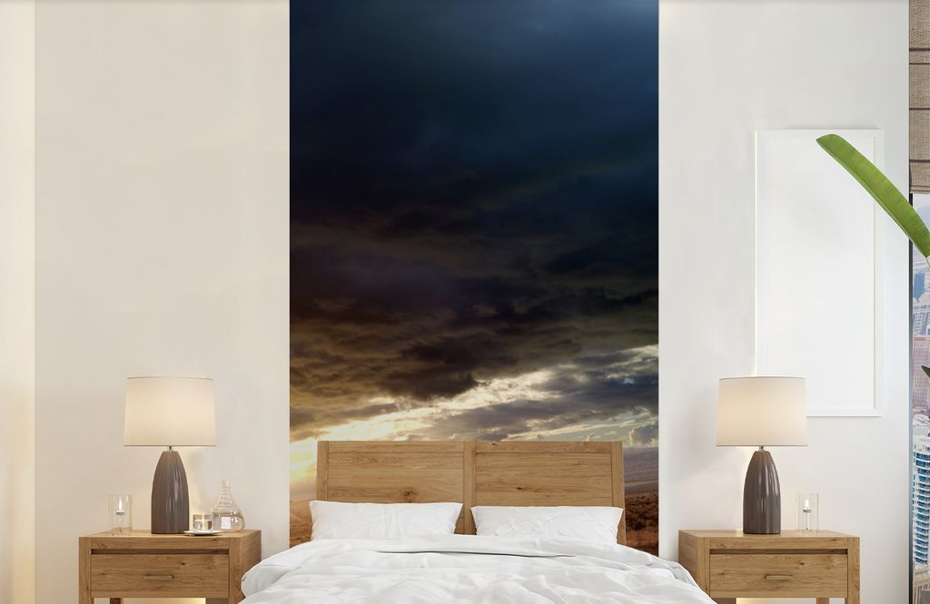 MuchoWow Fototapete für Wohnzimmer oder Schlafzimmer Wandtapete Vinyl Motivtapete Luxussportwagen fährt unter dunklen Wolken - 120x240 cm - Hin...