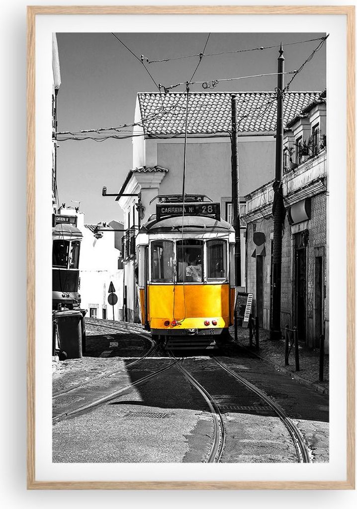Gerahmtes Poster - Rahmen in heller Eiche - Straßenbahn Portugal Lissabon - 61x91,5 cm - Wand Bild - Wanddeko - Wandbilder - Kunstposter - Wandpos...