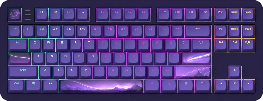 A dark purple mechanical keyboard with purple and pink backlighting.