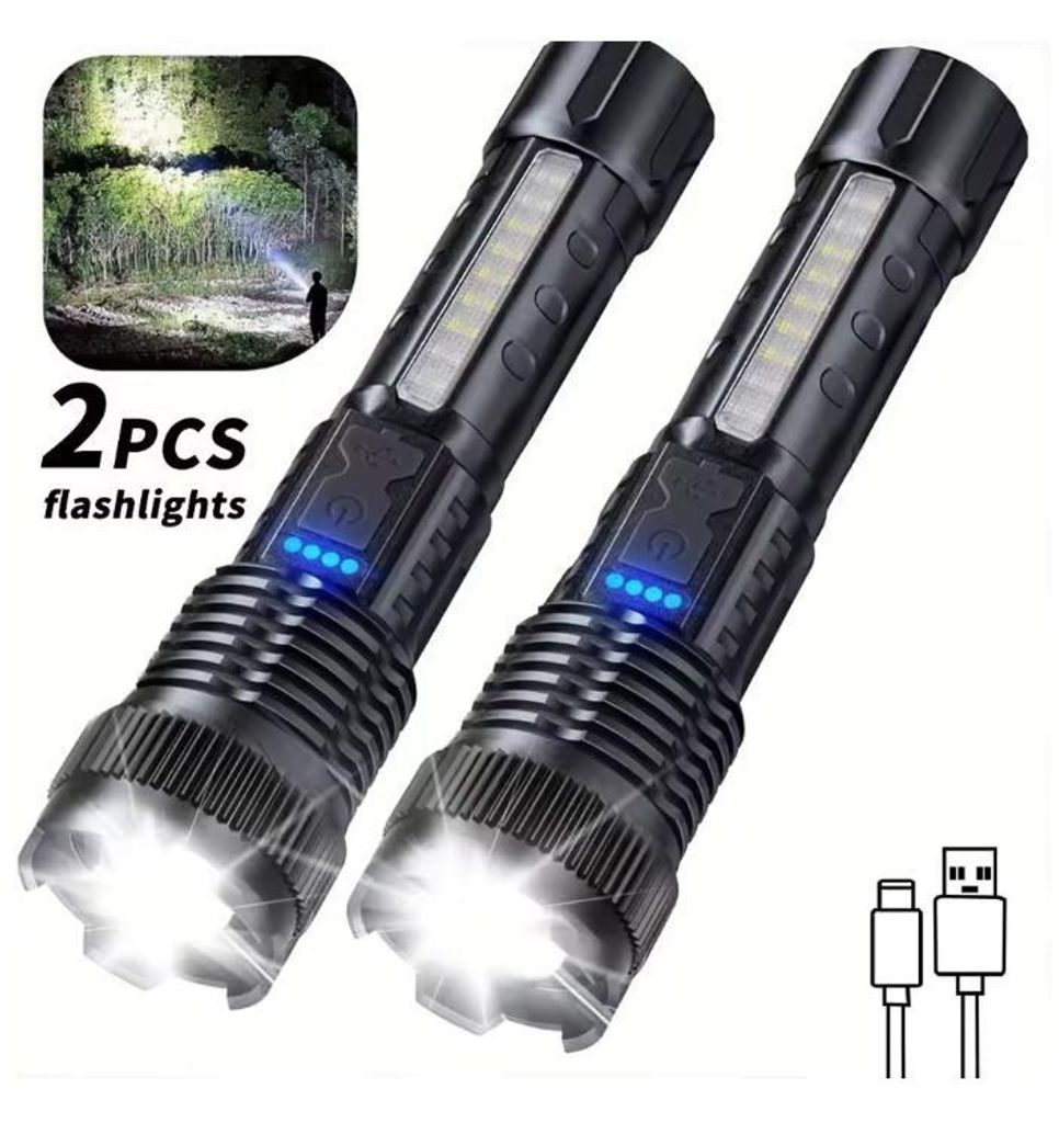 2 Stück wiederaufladbare, zoomfähige, superhelle Taschenlampe für Notfälle bei Stromausfall und Outdoor-Camping