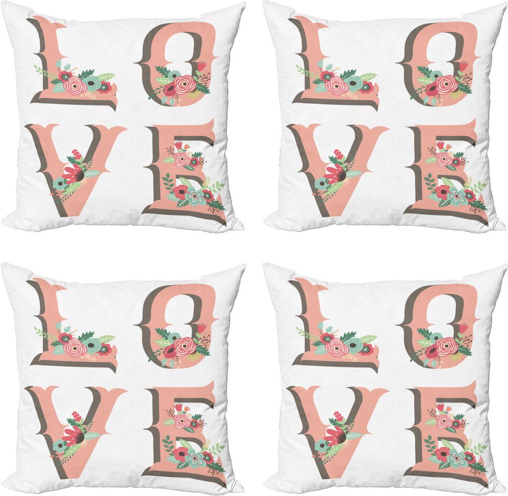 ABAKUHAUS Blumenweinlese Kissenbezug Set (4 Stück), Big Love Beschriftung, Moderner Doppelseitiger Digitaldruck, 60 cm x 60 cm, Blush und Multicolor