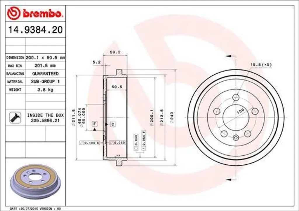 Tambour de frein Brembo 14.9384.20 pour Polo 9N et Ibiza 6L arrière