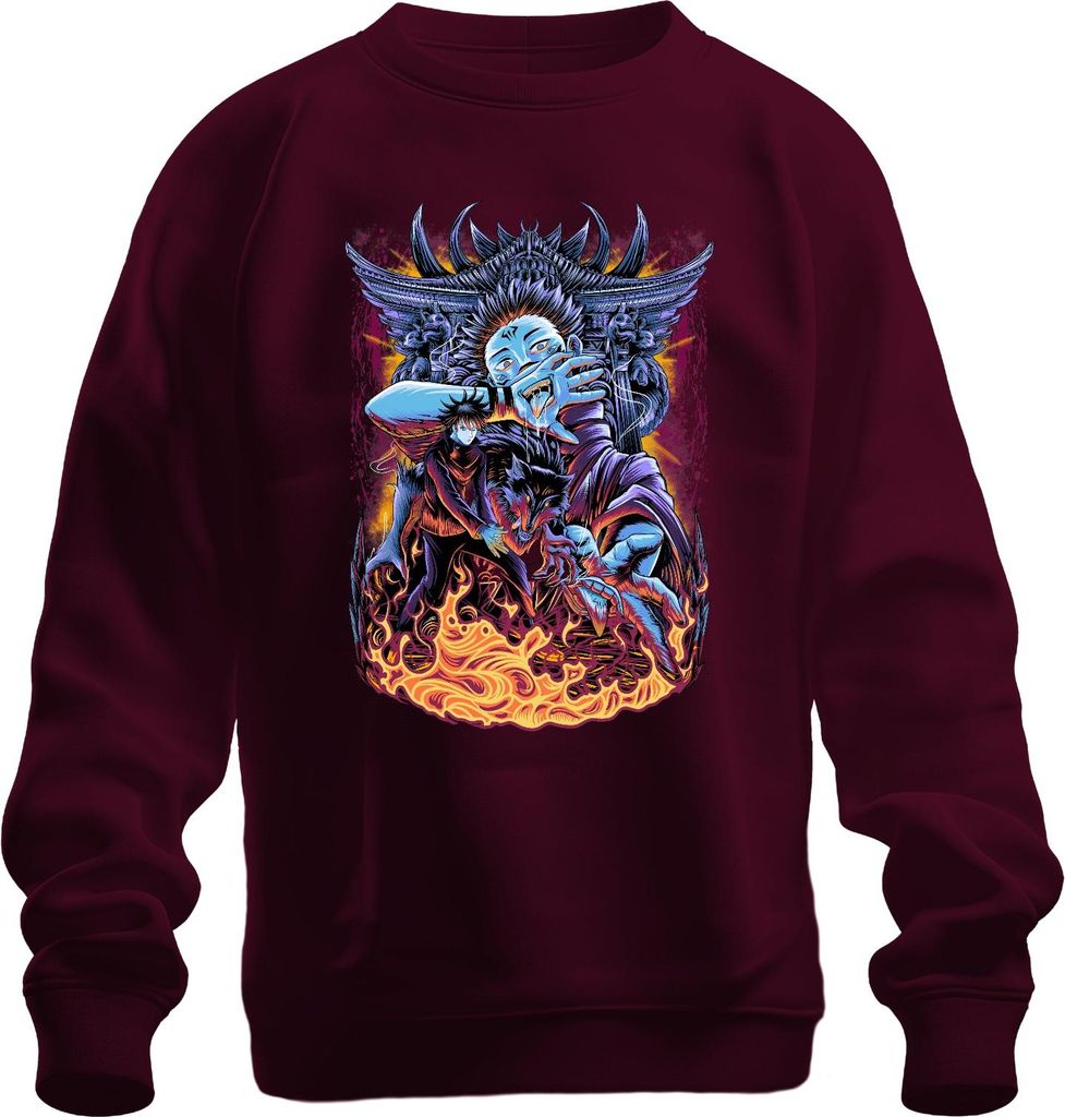 Oni Dämon blaues Gesicht Wolf Flammen japanisch Anime düster Uni Sweatshirt Pullover, Burgundy, 3XL
