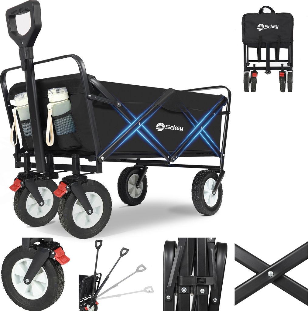 Sekey Handwagen klein Bollerwagen klappbar, Belastbar bis 200kg, Gartenwagen mit Stahlrahmen, EasyFold-Serie Schwarz