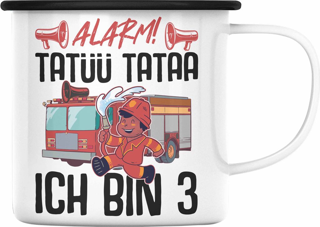 Trendation - 3. Geburtstag Geschenk Jungs Feuerwehr Emaille Tasse Geschenke Zubehör Lustig Kinder Geburtstag Spruch Ich Bin 3 (Schwarz)
