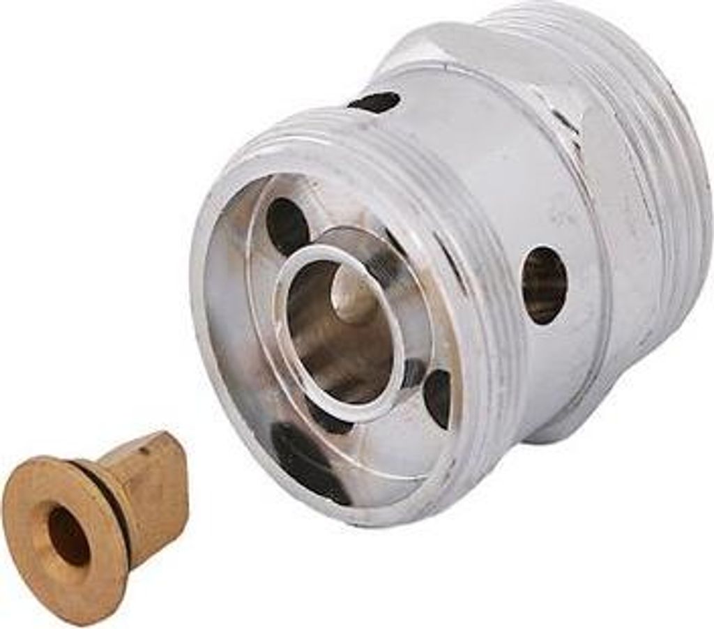 A polished chrome plumbing fitting and a brass component are shown against a white background.
