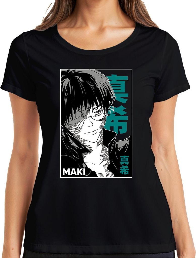 Anime Manga MAKI Brille schwarz weiß Cool Geschenk Otaku Retro Damen T-Shirt, Schwarz, XL