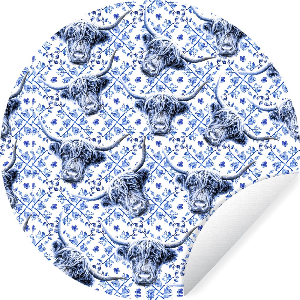 MuchoWow Runde Wandtattoo - Wandsticker Tapete Aufkleber Schottischer Highlander - Kuh - Delfter Blau Ø 80 cm Selbstklebend und Repositionierbar...