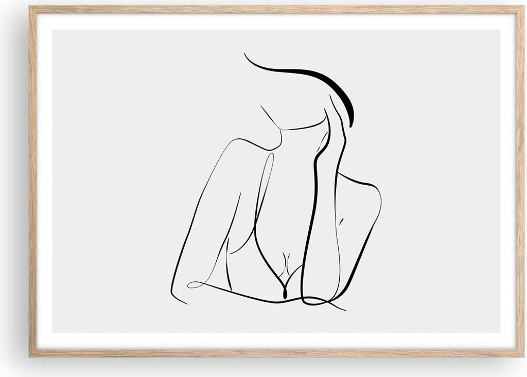 Gerahmtes Poster - Rahmen in heller Eiche - Frau Linien Minimalismus - 100x70 cm - Wand Bild - Wanddeko - Wandbilder - Kunstposter - Wandposter - B...