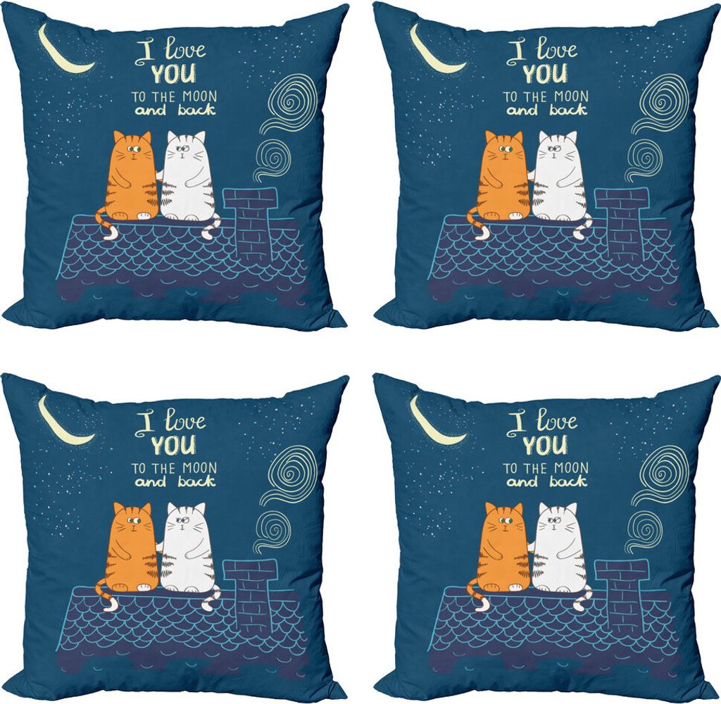 ABAKUHAUS Ich liebe dich Kissenbezug Set (4 Stück), Liebe Katzen auf Dach, Moderner Doppelseitiger Digitaldruck, 45 cm x 45 cm, Petrol Blau Elfenbein