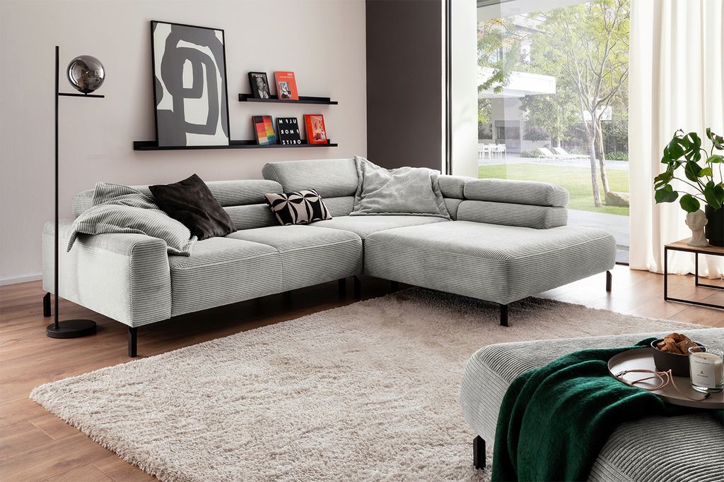 KAWOLA Sofa DELIA Ecksofa Cord hellgrau Recamiere rechts