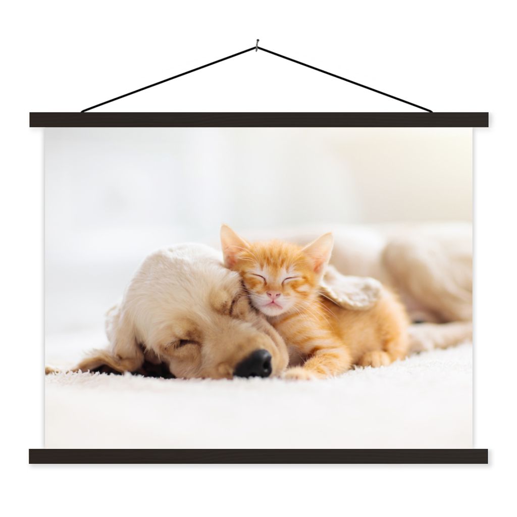 MuchoWow Textilposter Tiere - Hund - Kätzchen - Rot 40x30 cm mit schwarzem Rahmen - Dekorationen