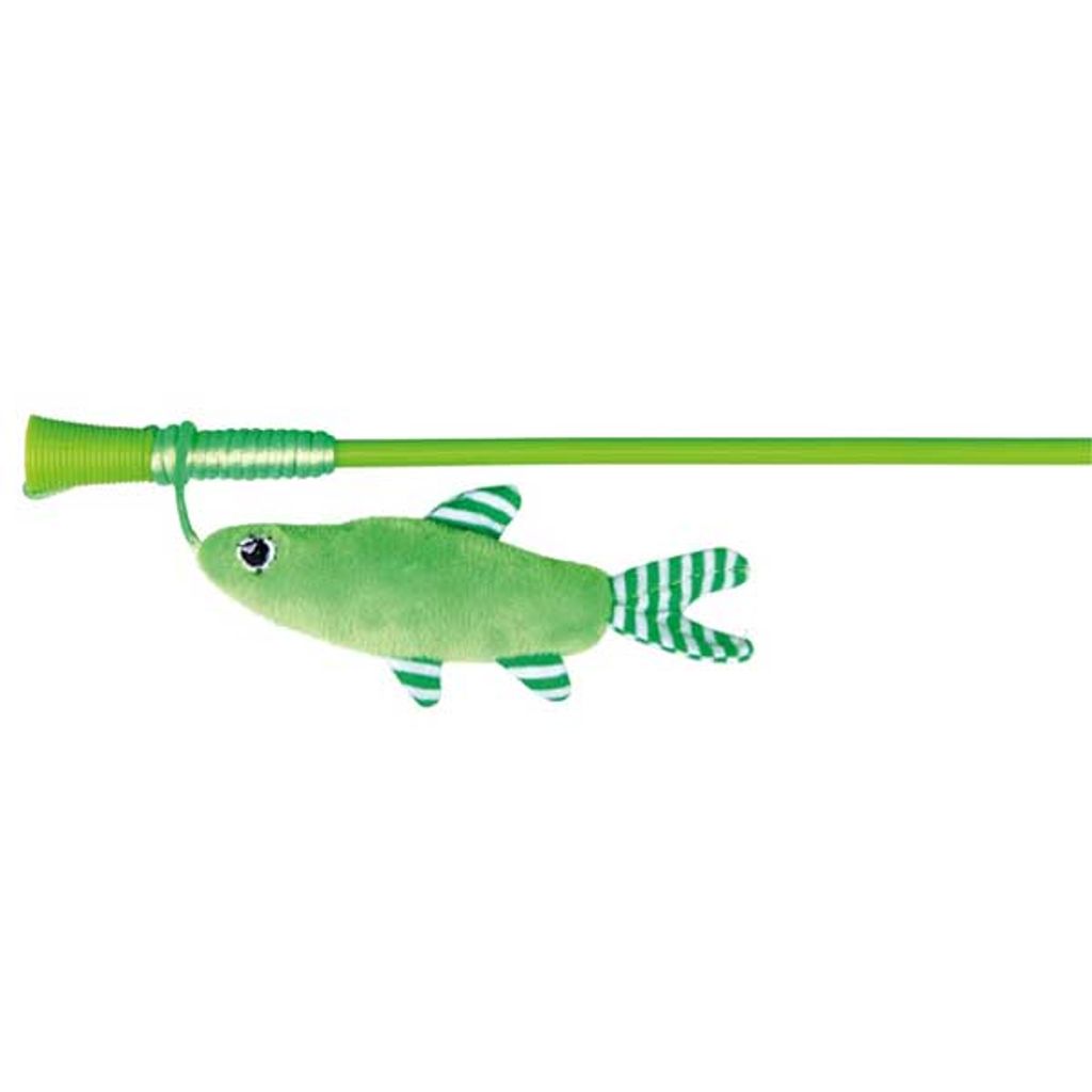 TRIXIE Spielangel mit Fisch, Katze, Stabspielzeug, Schwarz, Grün, Kunststoff, Plüsch, 420 mm