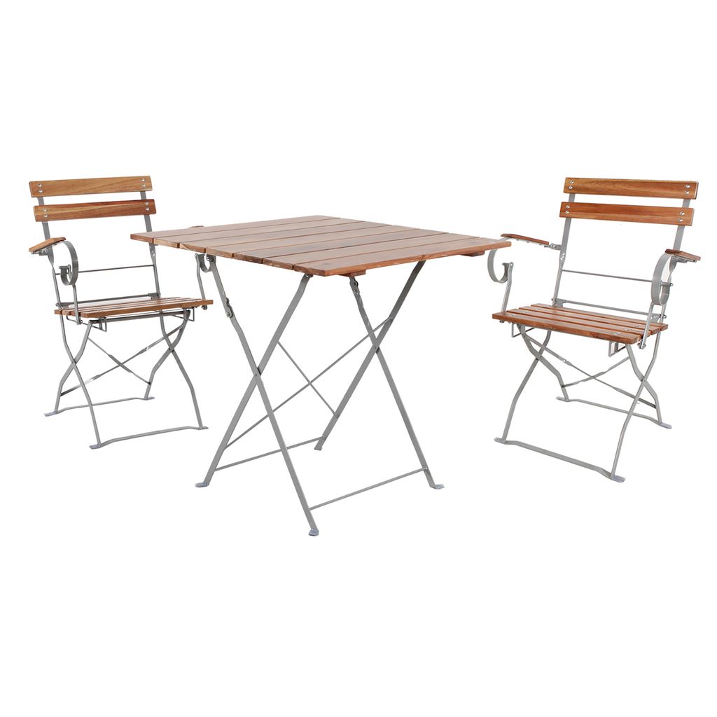 3er Biergarten Set Klapptisch + 2 Klappstühle+Armlehnen klappbar Akazie 70x70cm