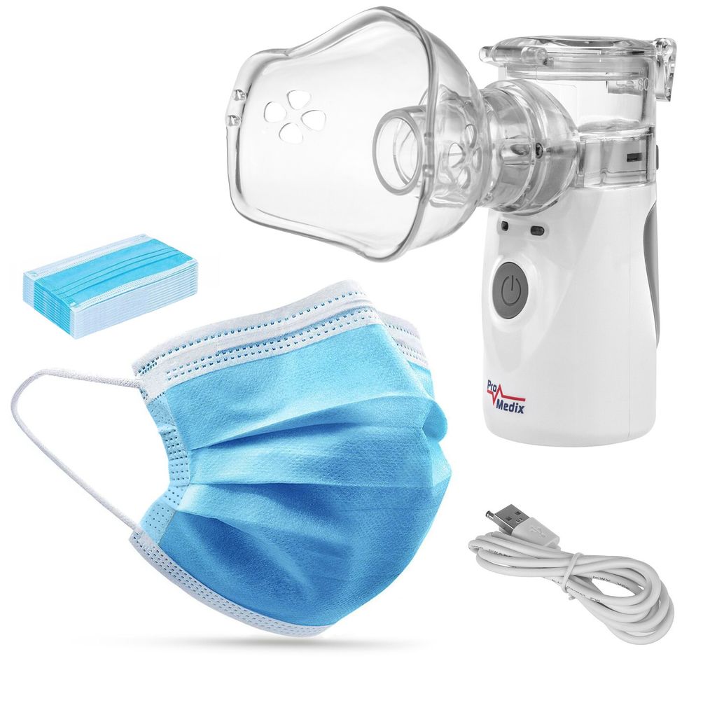 Promedix tragbare / Handheld kabellose Inhalator, Kit, Masken, PR-835 + 2x Medizinische Masken CE EN 14683:2019 - Kit - blaue Farbe 10 Stück Promedix