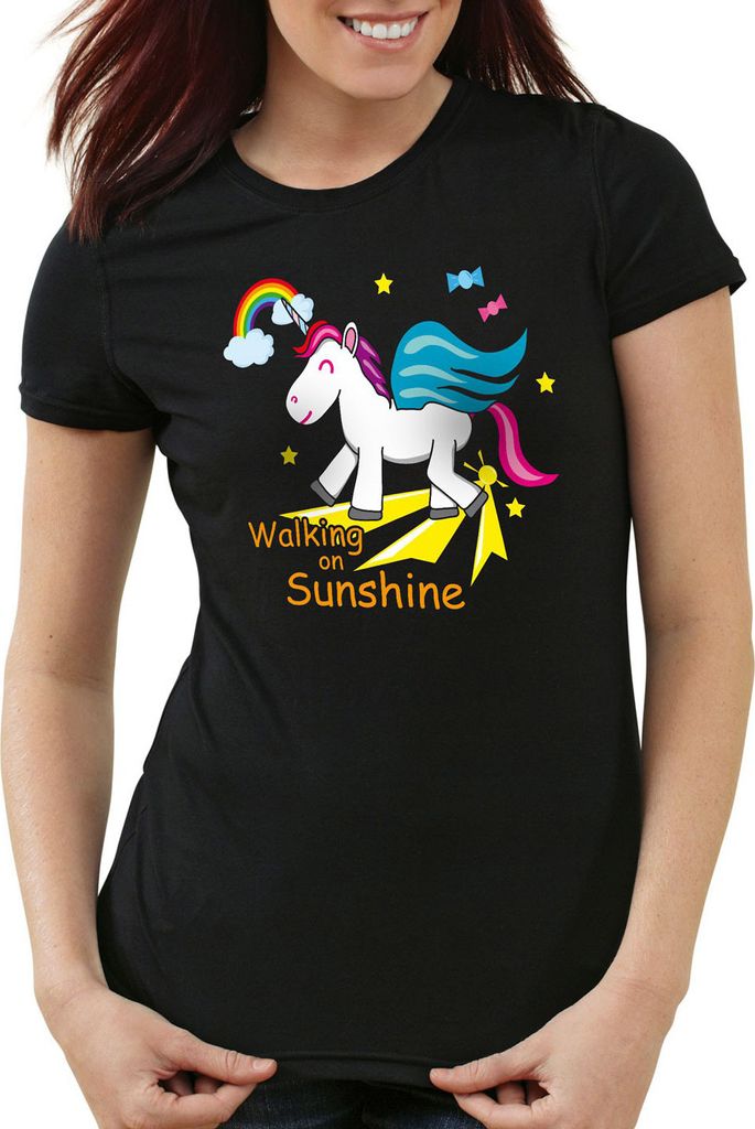 style3 Unicorn Walking on Sunshine Damen T-Shirt Einhorn, Farbe:Schwarz, Größe:XS