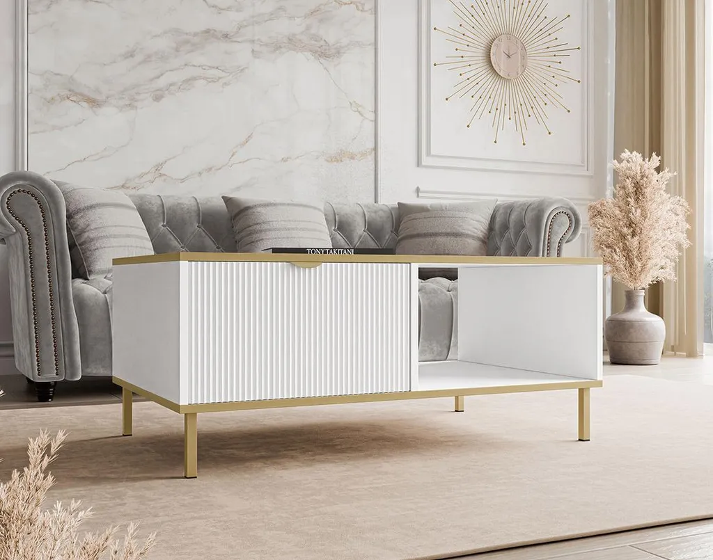 Table Basse pour Salon Moderne 100 cm Blanche et Dorée avec Rangement
