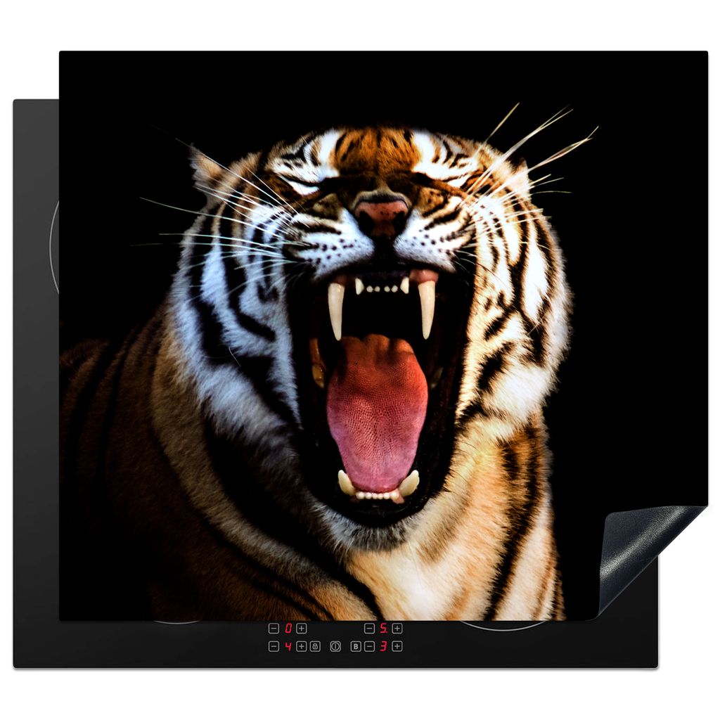 KitchenYeah Herdabdeckplatte Tiger - Zähne - Schwarz , 58x51cm, Küche Deko, Glaskeramikkochfeld Herdabdeckung, Abdeckplatte fùr Kochfeld