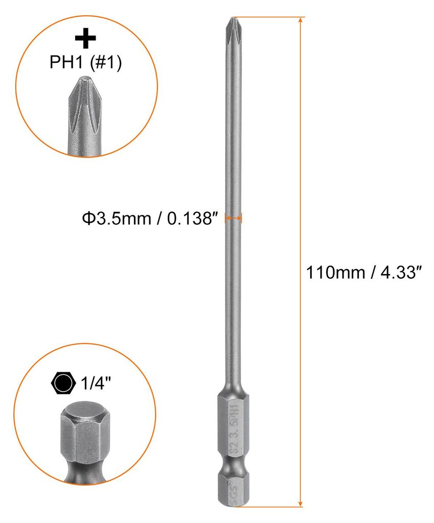 5 Stš¹ck PH1 Phillips Schraubendreher Bit Set mit 1/4" Sechskantschaft, 3.5mm Stab 110mm Lang Magnetische Kreuzkopf Bitsatz S2 Stahl Bohrer Elekt...