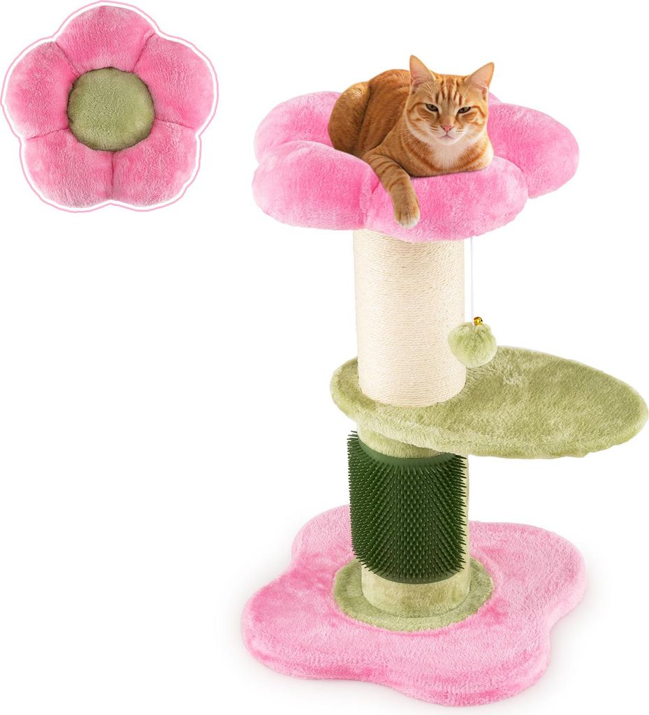A cat tree with a cat on top, shown with a separate close-up of the top perch.