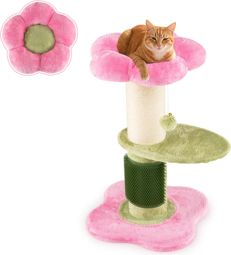Arbre à chat 69cm COSTWAY avec griffoir sisal et brosse de toilettage rose