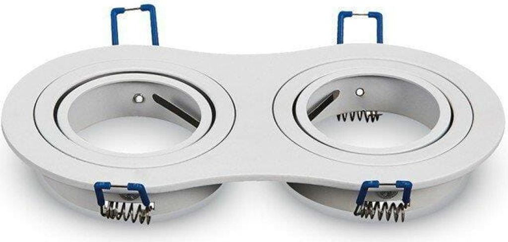 A white, double recessed spotlight housing with blue spring clips, shown against a white background.