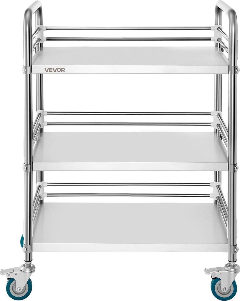 Stainless Steel Cart, 3-Tier Rolling Lab Utility Cart with Lockable Wheels, Medical Serving Trolley Clinic Tray, Heavy Duty Mobile Service Storage ...
