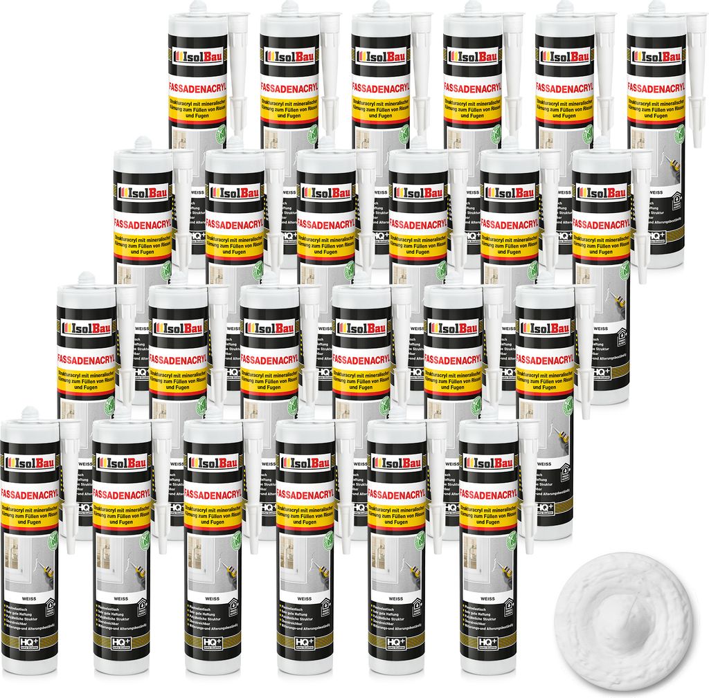 Isolbau Fassaden-Acryl - 24 x 300 ml Acryl-Dichtstoff mit Körnung zum Füllen von Rissen & Fugen im Innen- & Außenbereich - Weiß