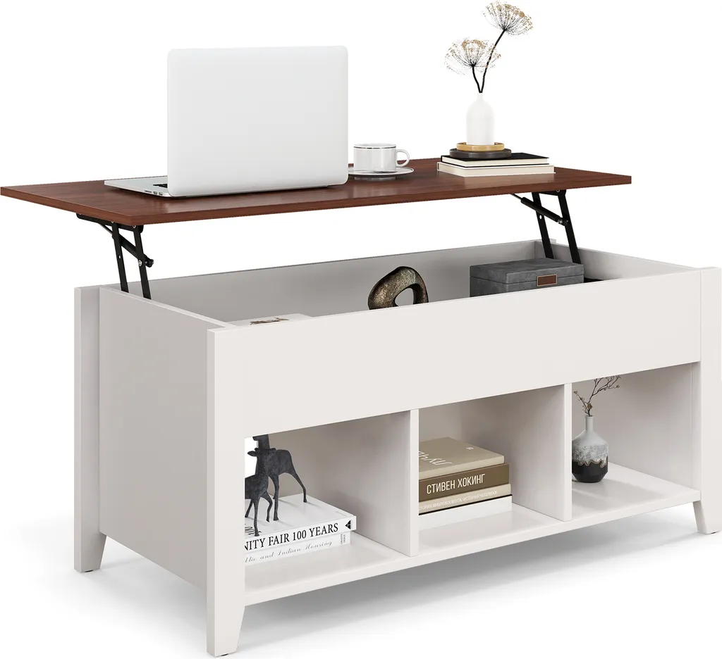 COSTWAY Table basse réglable en hauteur blanche avec 3 étagères de rangement