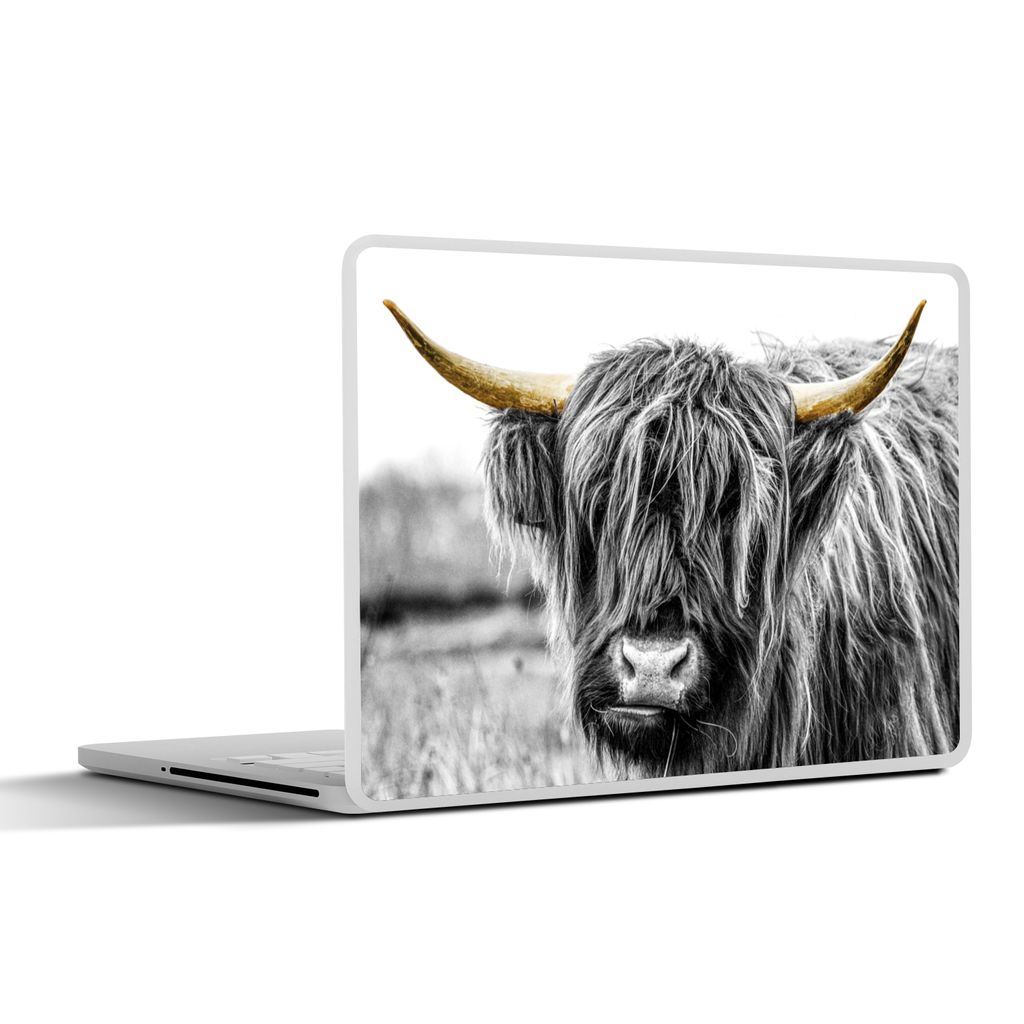 MuchoWow Laptop Aufkleber Sticker Cover Schottischer Highlander - Hörner - Gold - Schwarz 40x30 cm - Laptop Dekoration - Selbstklebend