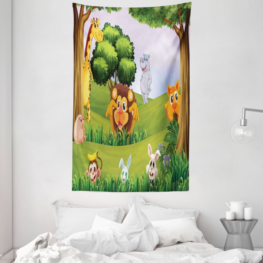 ABAKUHAUS Zoo Wandteppich und Tagesdecke, Tiere in Wald Safari aus Weiches Mikrofaser Stoff Waschbar ohne Verblassen Digitaldruck, 140 x 230 cm, Me...