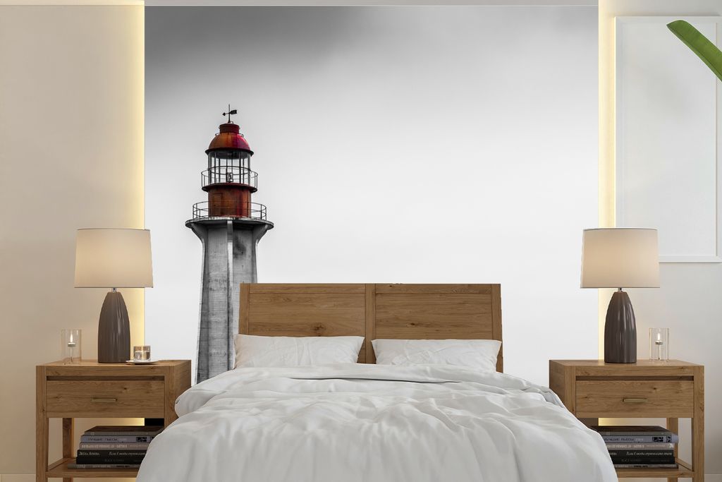 MuchoWow Fototapete für Wohnzimmer oder Schlafzimmer Wandtapete Vinyl Motivtapete Schwarz-Weiß-Foto eines Leuchtturms im Westen von Vancouver -...