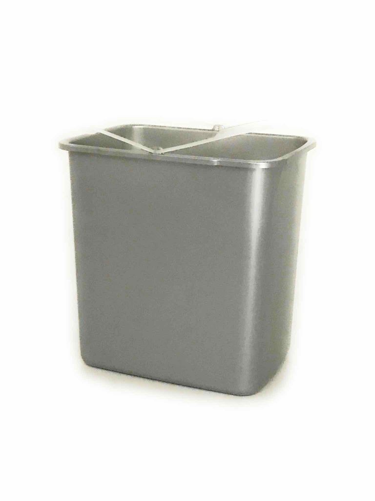 A gray rectangular trash can with a clear plastic handle attachment on a white background.