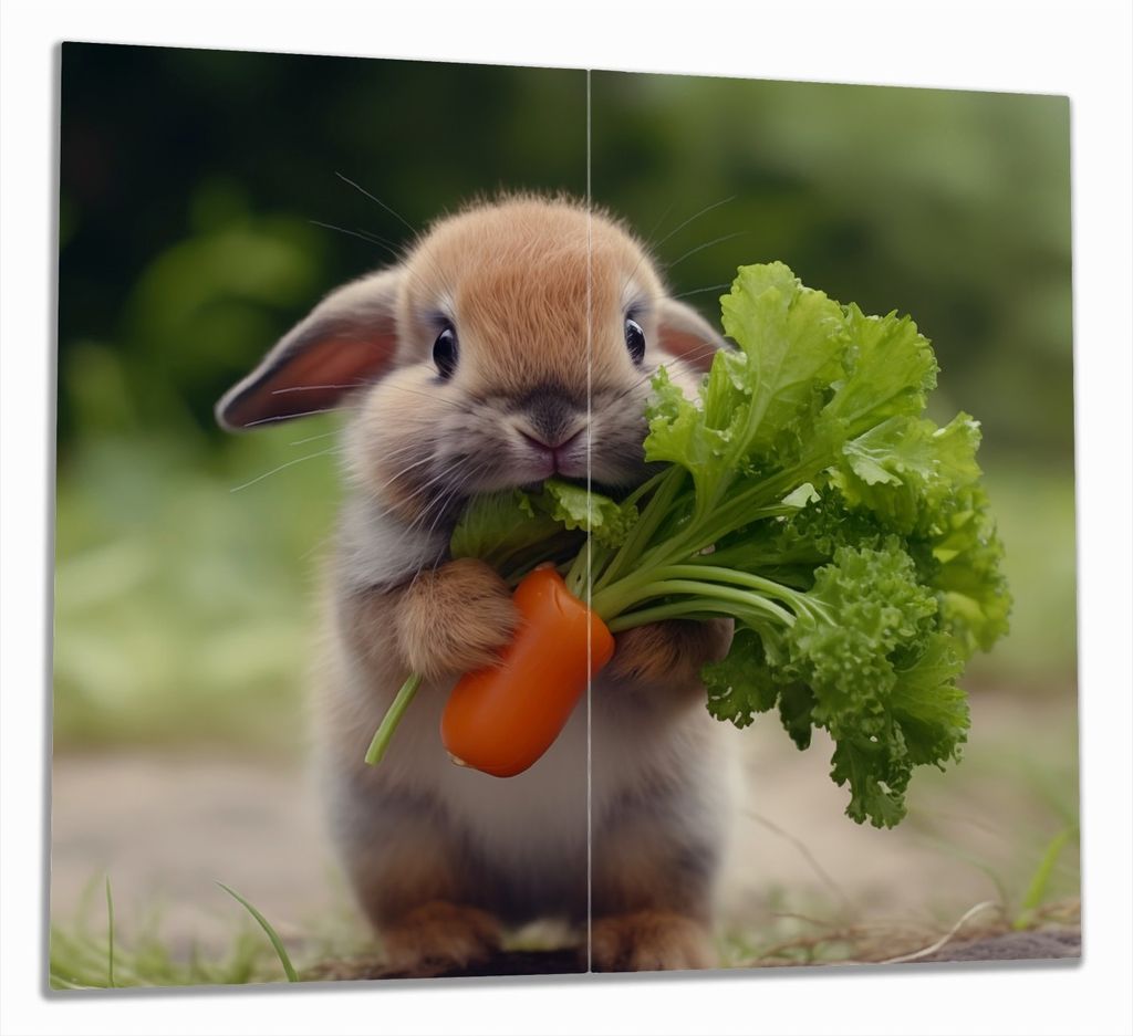 Wallario Herdabdeckplatte aus Glas, Größe 60 x 52 cm 2-teilig, Motiv Knabbernder Kleinhase