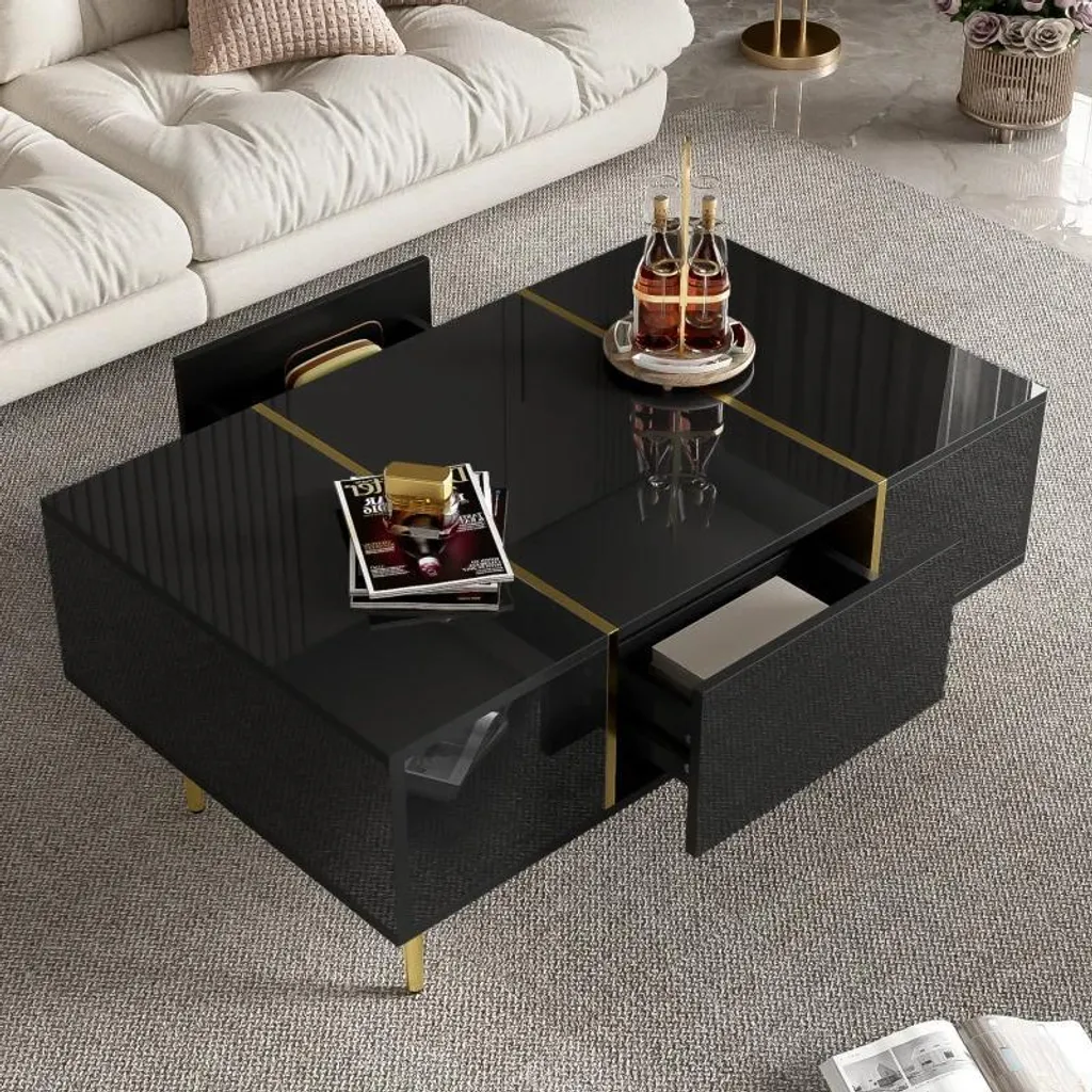 Table basse rectangulaire noir brillant design moderne avec rangement - 2