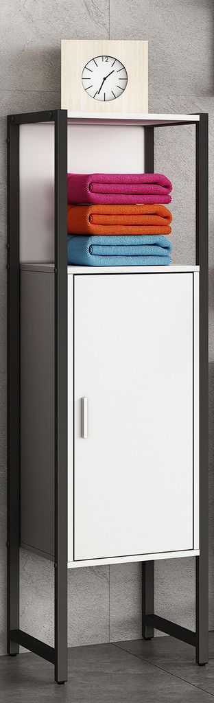 VCM Holz/Metall Badmöbel | Midischrank | Maße: H. 114 x B. 33 x T. 30 cm | Badregal | 1 Drehtür | 1 offenes Fach - Edino