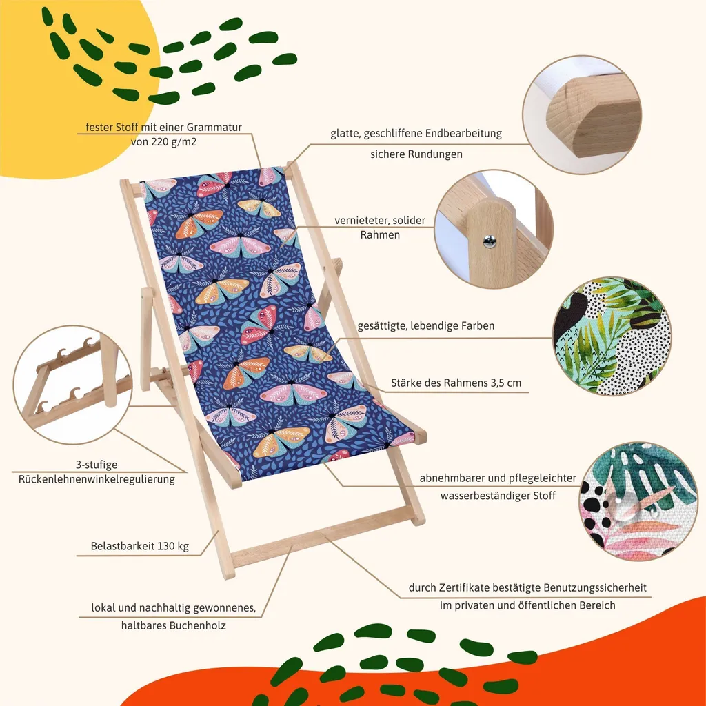 Dreamroots sdraio pieghevole in legno, fino a 130 kg, lettino pieghevole con regolazione dell'inclinazione dello schienale a 3 livelli, chevron e fiori - 4