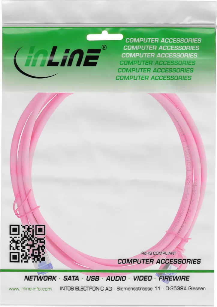 Cavo patch InLine® Slim, Cat.6A, S/FTP, TPE (LSZH) flessibile, PoE, magenta, 10 m - 4
