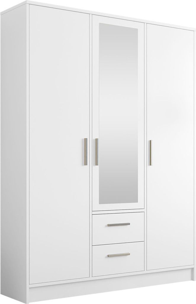 MIRJAN24 Kleiderschrank Tokyo 153 mit drei Drehtüren und zwei Schubladen, Frontspiegel, Ausziehbare Kleiderstange (Farbe: Alpinweiß)