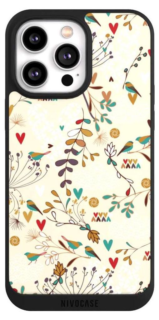 NIVOCASE Handyhülle für Apple iPhone 14 Pro Max Hülle NIVOpure Case Schwarz Blumen Retro Vogel