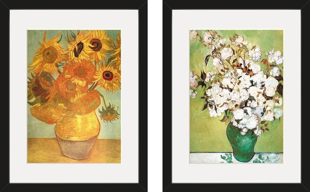 Duo Tableaux Van Gogh Sunflowers Vase avec Roses PM11624 40x30cm Noir
