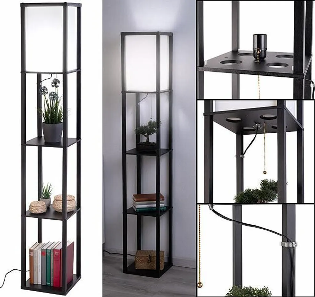 Lampadaire avec tablettes pour coin lecture - Lampe de salon bois noir