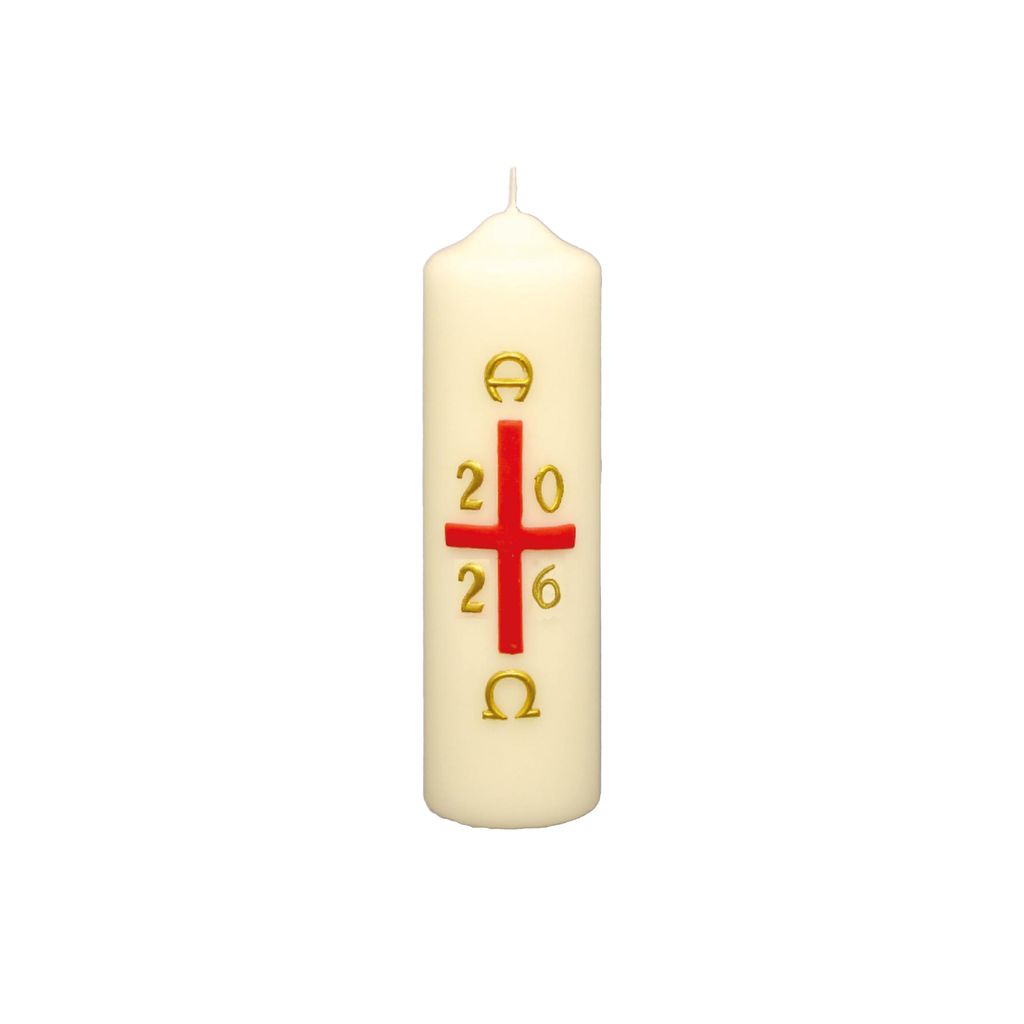 Osterkerze rotes Kreuz mit A und O, Jahreszahl 140 x Ø 50 Produktbild 