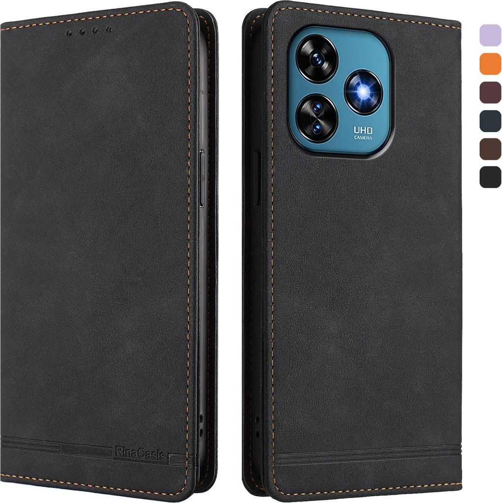 Hülle für Oukitel C51, Retro Kunstleder Ständer Klapphülle mit Kartenfächer und Magnetische Schwarz