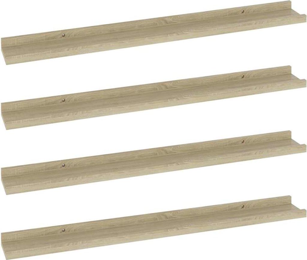 Four identical wooden shelves are stacked vertically against a white background.