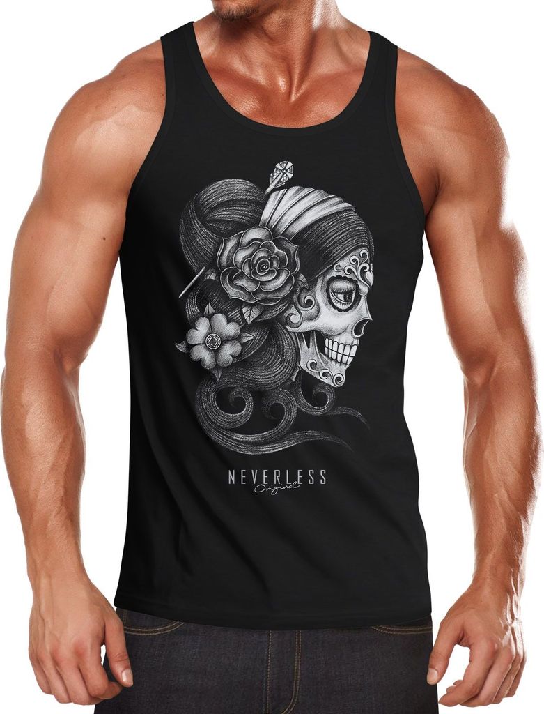 Herren Tank-Top Santa Muerte La catrina Mexican Skull Dia de los Muertos Tattoo Design Muscle Shirt Neverless schwarz M