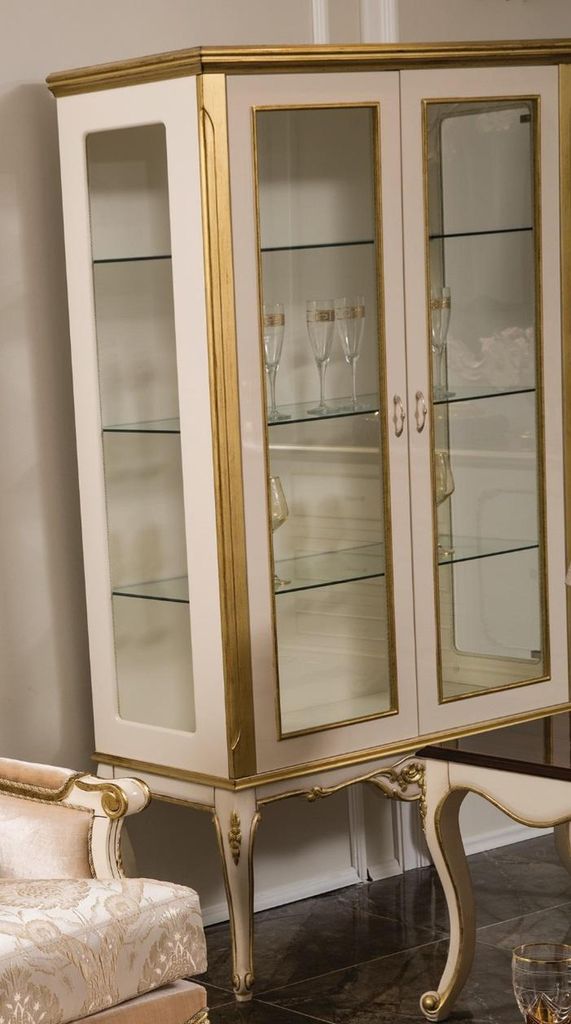 Vitrine Holz Möbel Schrank Vitrinen Schränke Barock Rokoko Gold Weiß Glasschrank